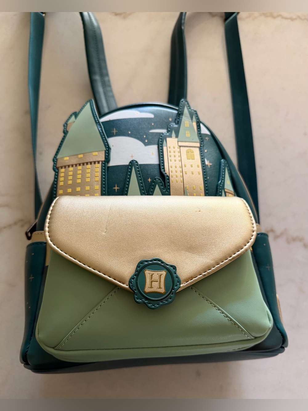 Harry Potter - GOLDEN HOGWARTS CASTLE 10” Faux Leather Mini Backpack, LOUNGEFLY - Picture 2 of 10